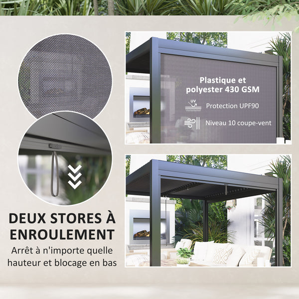 Pergola jardin extérieur en aluminium 3 x 3 m pergola bioclimatique à toit réglable avec rideaux, système de drainage caché, tonnelle de jardin anti-UV 90+ pour terrasse patio cour, gris