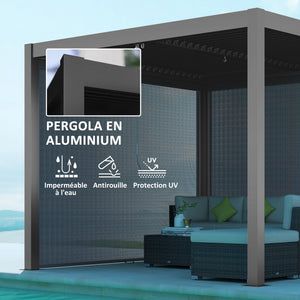 Pergola jardin extérieur en aluminium 3 x 3 m pergola bioclimatique à toit réglable avec rideaux, système de drainage caché, tonnelle de jardin anti-UV 90+ pour terrasse patio cour, gris