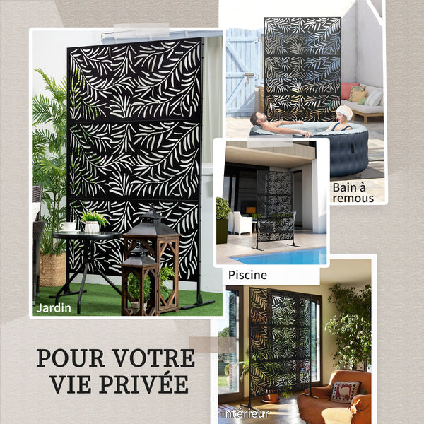 Panneau décoratif extérieur 122 x 198 cm, paravent extérieur en acier, motifs de branches de saule découpées, pour jardin, balcon, terrasse, noir