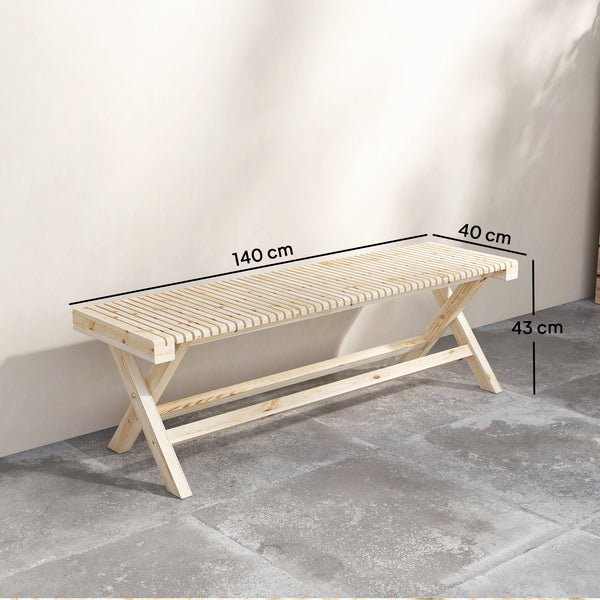 Banc de Jardin en Bois massif, Banquette de Jardin avec Assise à Lattes Effet Bois, Sans Dossier, pour Patio, Balcon, Parc, Capacité 240 kg, 140 x 40 x 43 cm, effet Bois Naturel