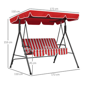 Balancelle de Jardin 3 Places Toit Inclinaison réglable Coussins Assise et Dossier 1,72L x 1,1l x 1,53H m Acier Noir Polyester Rouge