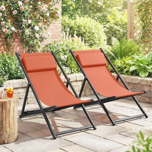 Lot de 2 bain de soleil, chaise longue pliante avec appuie-tête en textilène, transat jardin extérieur inclinable de plage camping piscine terrasse, 60 x 100 x 85 cm, rouge brique