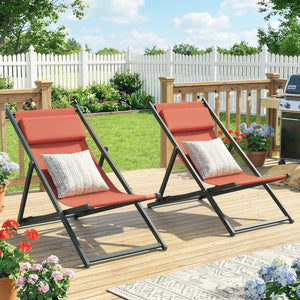 Lot de 2 bain de soleil, chaise longue pliante avec appuie-tête en textilène, transat jardin extérieur inclinable de plage camping piscine terrasse, 60 x 100 x 85 cm, rouge brique