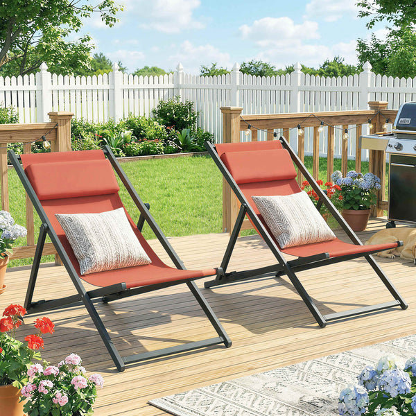 Lot de 2 bain de soleil, chaise longue pliante avec appuie-tête en textilène, transat jardin extérieur inclinable de plage camping piscine terrasse, 60 x 100 x 85 cm, rouge brique