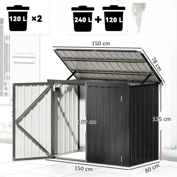 Cache Poubelle Extérieur 1,2 m², 150x80x117cm, Abri de Jardin en Acier Galvanisé pour 2 Poubelles, Double Porte à Serrures, Couvercle Relevable à Charnière, Rangement pour Vélo, Outils