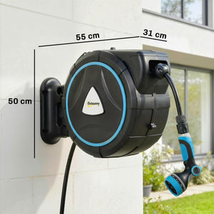 Enrouleur Tuyau Arrosage Mural Automatique 23+2m - Dévidoir Automatique Pistolet d'Arrosage 10+2 Modes - Solution d'Irrigation Rétractable et Flexible pour Jardin, Nettoyage Voiture, Bleu