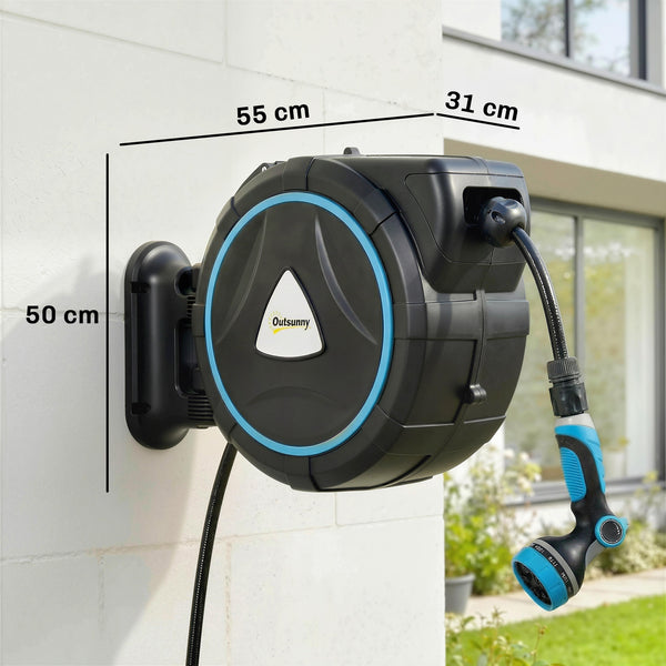 Enrouleur Tuyau Arrosage Mural Automatique 23+2m - Dévidoir Automatique Pistolet d'Arrosage 10+2 Modes - Solution d'Irrigation Rétractable et Flexible pour Jardin, Nettoyage Voiture, Bleu