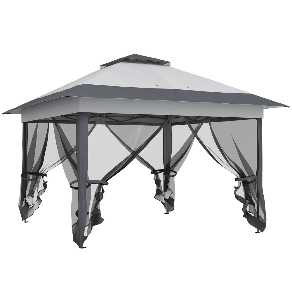 Tonnelle de jardin extérieur tonnelle pliante 3,6x3,6m avec double toit acier polyester moustiquaires + sac de transport à roulettes gris