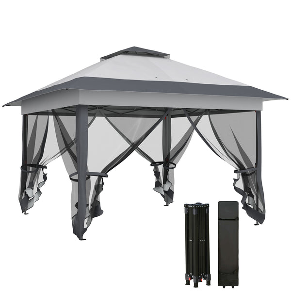 Tonnelle de jardin extérieur tonnelle pliante 3,6x3,6m avec double toit acier polyester moustiquaires + sac de transport à roulettes gris