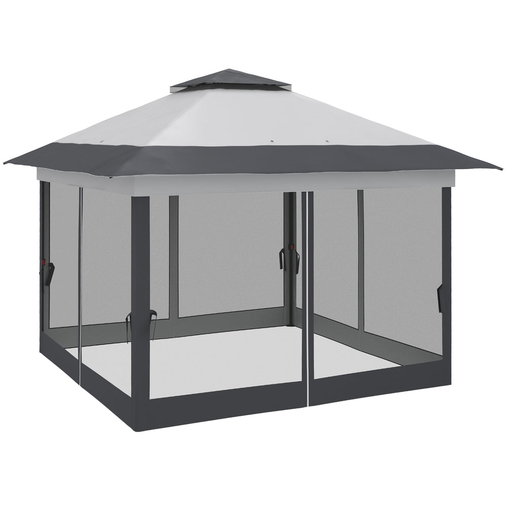 Tonnelle de jardin extérieur tonnelle pliante 3,6x3,6m avec double toit acier polyester moustiquaires + sac de transport à roulettes gris