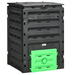 Composteur de jardin 450 L, bac composteur pour jardin en polypropylène, 80 aérations et 2 portes coulissantes, léger et robuste, noir