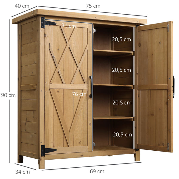 Abri de jardin Armoire de jardin pour outils 75L x 40l x 90H cm 3 étagères 2 portes Toit en asphalte imperméable Bois de sapin jaune