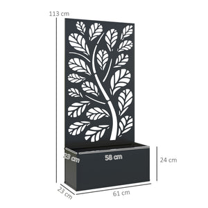 Jardinière avec treillis, brise-vue paravent, jardinière extérieure métal sur pieds ou murale, motif de feuilles rondes, bac à fleurs rectangulaire balcon terrasse, 61x23x113cm, noir