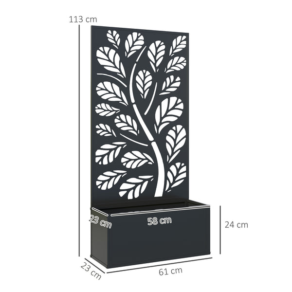 Jardinière avec treillis, brise-vue paravent, jardinière extérieure métal sur pieds ou murale, motif de feuilles rondes, bac à fleurs rectangulaire balcon terrasse, 61x23x113cm, noir