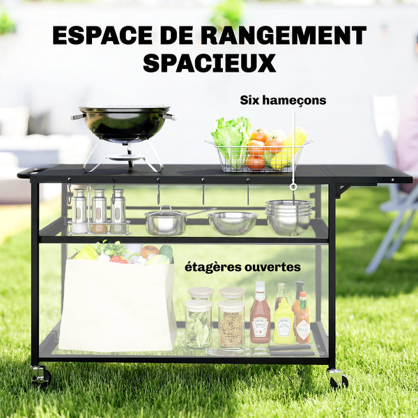 Desserte jardin chariot de barbecue sur roulettes îlot de cuisine avec Plateau Latéral Pliable, Trois Étagères, Crochets et Poinége, 133 x 48,5 x 82 cm, Noir