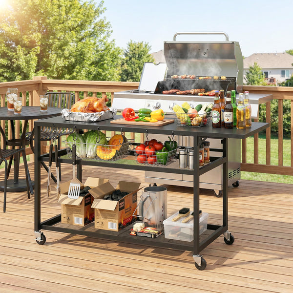 Desserte jardin chariot de barbecue sur roulettes îlot de cuisine avec Plateau Latéral Pliable, Trois Étagères, Crochets et Poinége, 133 x 48,5 x 82 cm, Noir