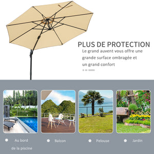 Parasol déporté octogonal inclinable parasol rotatif 360° avec pied en croix 8 beleines manivelle inclus châssis alu. acier Ø 3 x 2,5H m beige