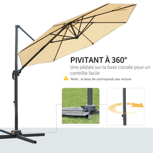 Parasol déporté octogonal inclinable parasol rotatif 360° avec pied en croix 8 beleines manivelle inclus châssis alu. acier Ø 3 x 2,5H m beige