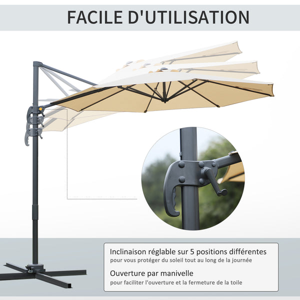 Parasol déporté octogonal inclinable parasol rotatif 360° avec pied en croix 8 beleines manivelle inclus châssis alu. acier Ø 3 x 2,5H m beige