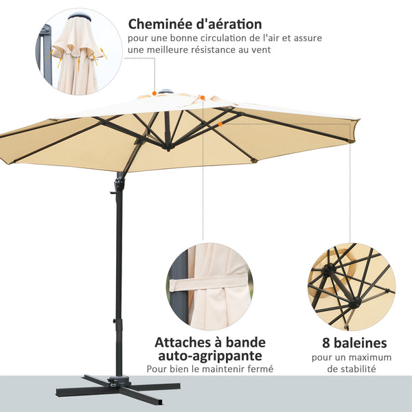 Parasol déporté octogonal inclinable parasol rotatif 360° avec pied en croix 8 beleines manivelle inclus châssis alu. acier Ø 3 x 2,5H m beige