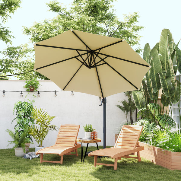 Parasol déporté octogonal inclinable parasol rotatif 360° avec pied en croix 8 beleines manivelle inclus châssis alu. acier Ø 3 x 2,5H m beige