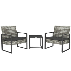 Salon de jardin 2 places 3 pièces 2 chaises avec coussins + table basse plateau verre trempé résine tressée 4 fils imitation rotin gris clair