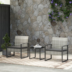 Salon de jardin 2 places 3 pièces 2 chaises avec coussins + table basse plateau verre trempé résine tressée 4 fils imitation rotin gris clair
