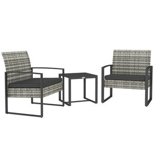 Salon de jardin 2 places 3 pièces 2 chaises avec coussins + table basse plateau verre trempé résine tressée 4 fils imitation rotin gris clair