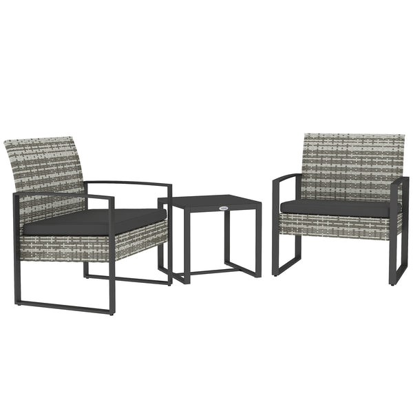 Salon de jardin 2 places 3 pièces 2 chaises avec coussins + table basse plateau verre trempé résine tressée 4 fils imitation rotin gris clair