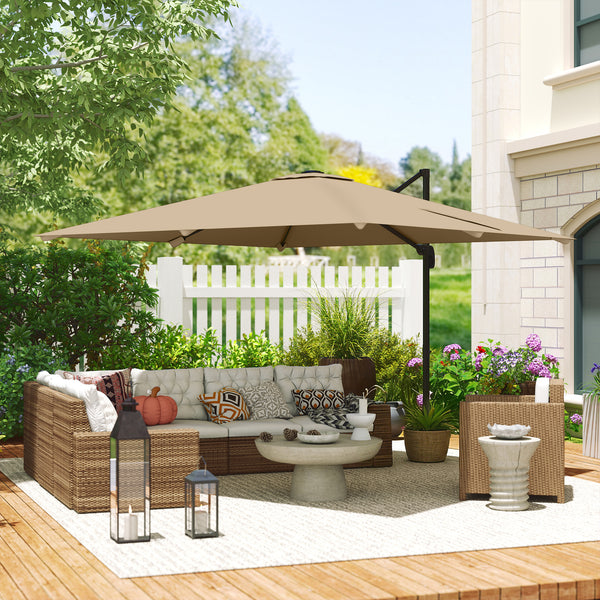 Parasol déporté carré 3 x 3 m, parasol de jardin extérieur, rotation 360°, inclinable 5 positions, 7 baleines, base en croix et manivelle, protection solaire UPF30+, mât en aluminium, kaki