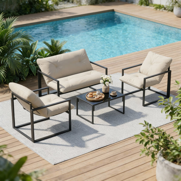 Salon de jardin extérieur 4 pièces avec coussins ultra-épais 15cm - ensemble mobilier de jardin et salon bas pour terrasse - canapé 2 places avec table basse et 2 fauteuils, cadre acier noir