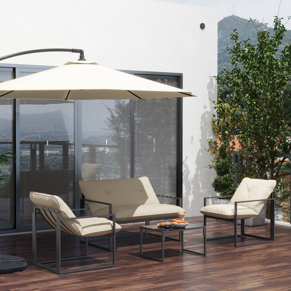 Salon de jardin extérieur 4 pièces avec coussins ultra-épais 15cm - ensemble mobilier de jardin et salon bas pour terrasse - canapé 2 places avec table basse et 2 fauteuils, cadre acier noir
