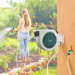 Enrouleur Tuyau Arrosage Mural 30 m x Ø 15 mm, Dévidoir Automatique de Tuyaux d'Eau Rétractable Automatique Pivotant à 180°, Buse à 7 Modes, pour Jardin et Lavage de Voiture, Gris