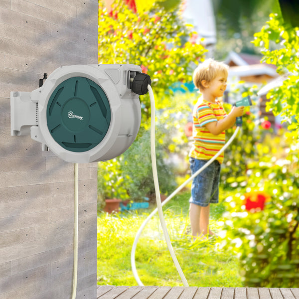 Enrouleur Tuyau Arrosage Mural 30 m x Ø 15 mm, Dévidoir Automatique de Tuyaux d'Eau Rétractable Automatique Pivotant à 180°, Buse à 7 Modes, pour Jardin et Lavage de Voiture, Gris