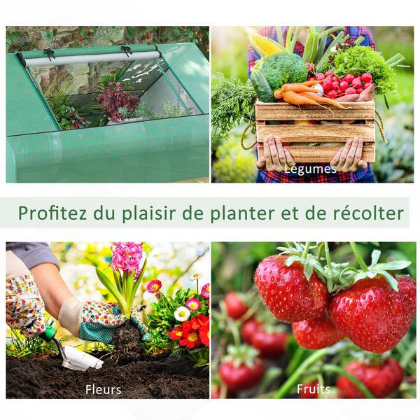 Mini serre de jardin mini serre tunnel 180 x 140 x 80 cm toit pointu acier PE haute densité 140 g/m² Anti-UV 2 grandes fenêtres enroulables vert foncé