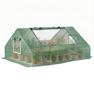 Mini serre de jardin mini serre tunnel 180 x 140 x 80 cm toit pointu acier PE haute densité 140 g/m² Anti-UV 2 grandes fenêtres enroulables vert foncé