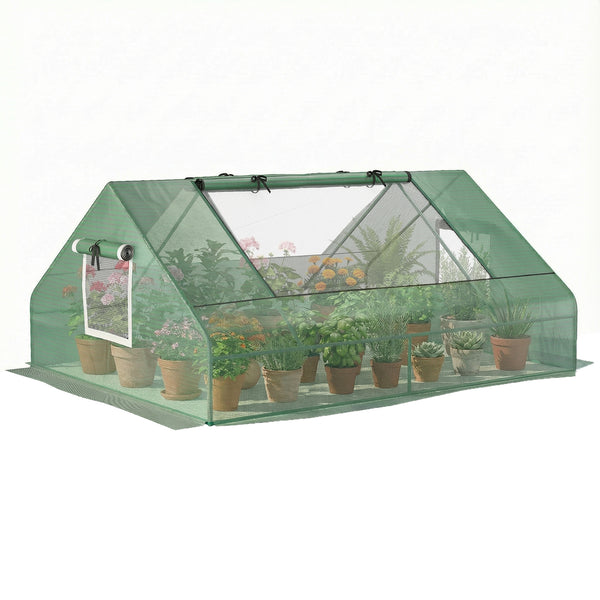 Mini serre de jardin mini serre tunnel 180 x 140 x 80 cm toit pointu acier PE haute densité 140 g/m² Anti-UV 2 grandes fenêtres enroulables vert foncé