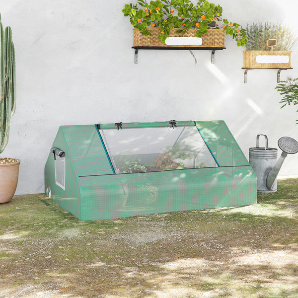 Mini serre de jardin mini serre tunnel 180 x 140 x 80 cm toit pointu acier PE haute densité 140 g/m² Anti-UV 2 grandes fenêtres enroulables vert foncé