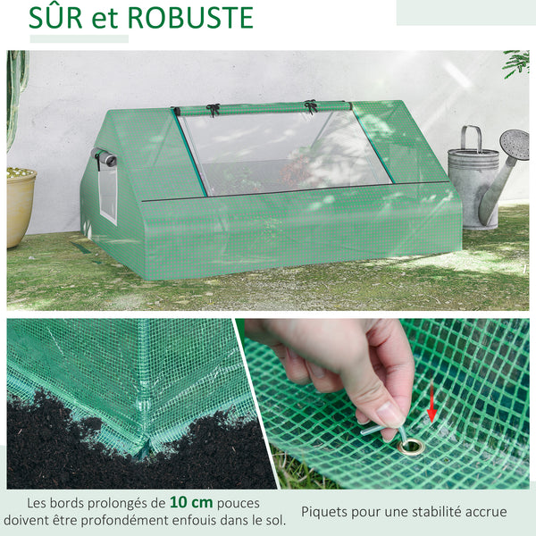 Mini serre de jardin mini serre tunnel 180 x 140 x 80 cm toit pointu acier PE haute densité 140 g/m² Anti-UV 2 grandes fenêtres enroulables vert foncé