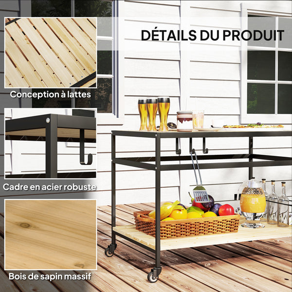 Desserte de jardin chariot pour plancha barbecue en bois et métal avec 2 étagères et 3 crochets - 107 x 65 x 80 cm noir naturel
