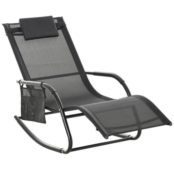 Chaise Longue à Bascule - Rocking Chair Ergonomique - tétière Amovible, accoudoirs, Pochette Rangement - métal époxy textilène Noir