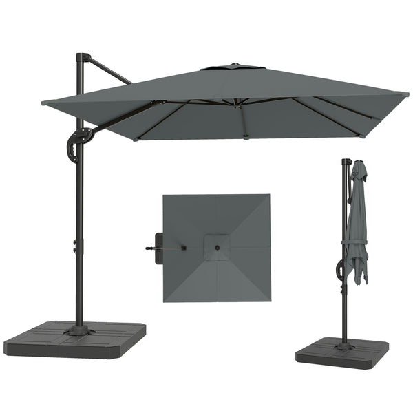 Parasol déporté carré 2,4x2,4m avec pied et dalles lestage - parasol de jardin extérieur, mât aluminium et rotatif 360° par pédale - UV50+ et inclinaison 5 positions pour terrasse, gris