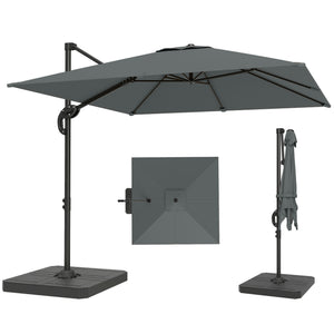 Parasol déporté carré 2,4x2,4m avec pied et dalles lestage - parasol de jardin extérieur, mât aluminium et rotatif 360° par pédale - UV50+ et inclinaison 5 positions pour terrasse, gris