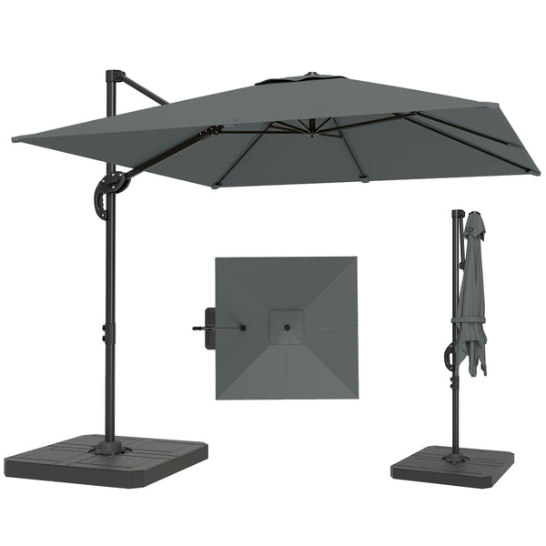 Parasol déporté carré 2,4x2,4m avec pied et dalles lestage - parasol de jardin extérieur, mât aluminium et rotatif 360° par pédale - UV50+ et inclinaison 5 positions pour terrasse, gris