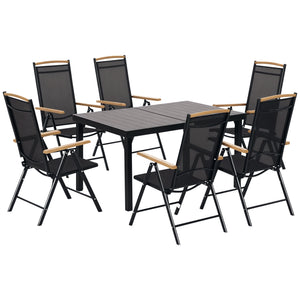 Salon de jardin extérieur 6 personnes, table de jardin extérieure avec 6 chaises, cadre en aluminium, table 140 CM, chaises pliables et inclinables, mobilier de terrasse, patio, noir