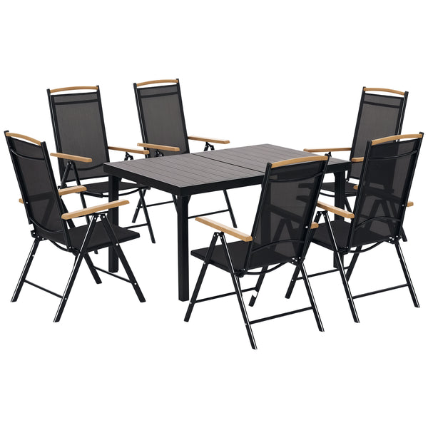Salon de jardin extérieur 6 personnes, table de jardin extérieure avec 6 chaises, cadre en aluminium, table 140 CM, chaises pliables et inclinables, mobilier de terrasse, patio, noir