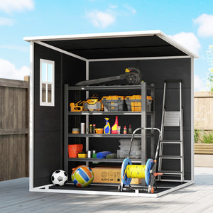 Abri de Jardin en Plastique 6 x 6 ft, Effet Bois, avec Plancher, Trois Fenêtres, Portes Verrouillables et Aérations, pour Outils, Vélo, Générateur, Gris