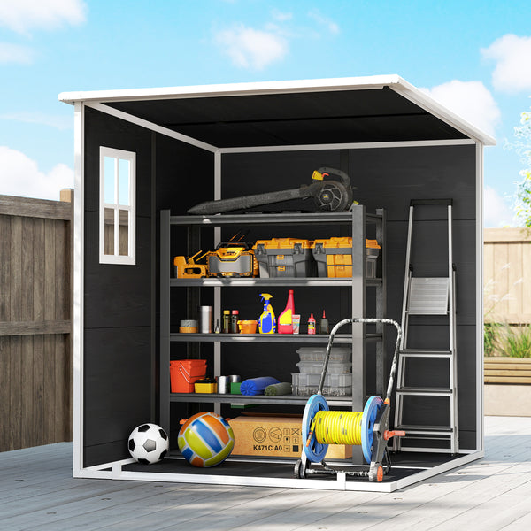 Abri de Jardin en Plastique 6 x 6 ft, Effet Bois, avec Plancher, Trois Fenêtres, Portes Verrouillables et Aérations, pour Outils, Vélo, Générateur, Gris