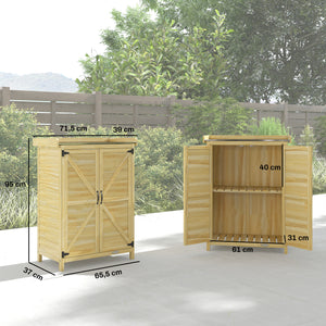 Armoire de jardin, armoire extérieure de rangement en bois avec étagère et crochets, plan de travail en métal galvanisé, table de rempotage pour balcon, terrasse, 71,5x39x95cm, bois naturel