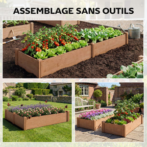 Carré Potager en Bois 234x109x25cm - Lit de Jardin Surélevé 4 Zones de Culture - Jardinière Extérieure à Fond Ouvert avec Montage sans Outil, pour Légumes, Fleurs, Marron Clair